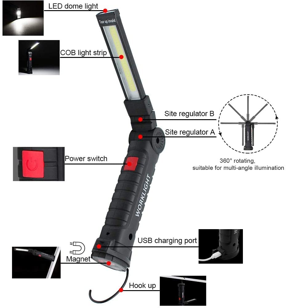 4Pack LED Work Lights, USB Rechargeable COB Light with Magnetic Base 360°Rotate and 5 Modes, Folding Flashlight Inspection Light for Car Repairing, Workshop, Household and Emergency Use, Large