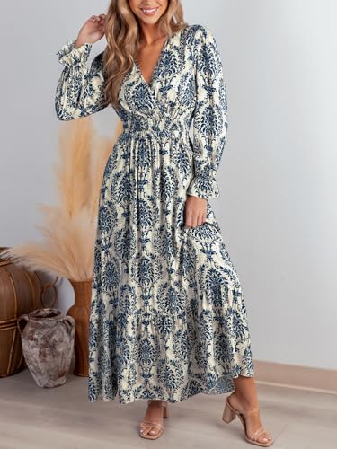 CUPSHE Maxi Dresses for Women V Neck Ruffled Long Sleeve Paisley Smocked Waist A Line Casual Flowy Fall Wedding Guest Dress