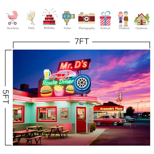 HANYING 50s Retro Dinner Backdrop Route 66 Night Cityscape Fast Food Store Photography Background Nostalgia Classic Car Vi...