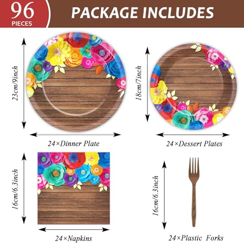 96Pcs Fiesta Party Plates and Napkins for Mexican Party Supplies Wooden Floral Themed Paper Dessert Plates Festival Tablew...