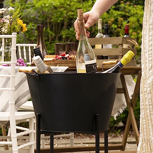 Twine Black Beverage Tub with Collapsible Stand, Large Metal Bucket and Tray, Ice Drink Buckets with Acacia Wood Handles f...