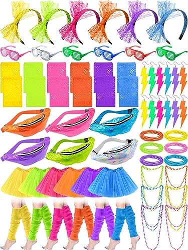 Shinymoon 54 Pcs 80s Accessories for Women Neon Tutu Skirts Light Shutter Glasses Holographic Fanny Pack Lace Headband Ear...