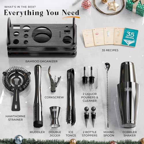 BARE BARREL® Mixology Bartender Kit Bar Set | 14-Piece Cocktail Shaker Set | Martini Barware Mixing Tools for Home Bartend...