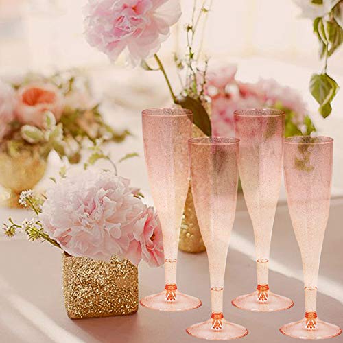 Homy Feel Rose Gold Glitter Plastic Champagne Flutes 30 Pack, 6.5 OZ Disposable Plastic Wine Glasses, Reusable Champagne G...