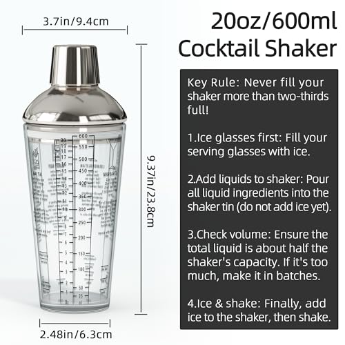 EffiQ-Rate Glass Cocktail Shaker, with Recipes and Measurements 20oz, Built-in Strainer and Leakproof Seal, Clear Bar Tool...