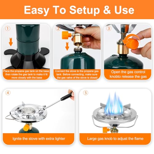 Camping Stove Propane Burner, Portable Camp Stove with Foldable Gas Tank Base, Adjustable Flame Backpacking Cooker for Cam...