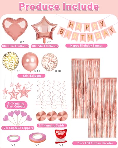 Lutoys Rose Gold Happy Birthday Party Decorations, Happy Birthday Banner, Rose Gold Foil Heart Star Confetti Balloons Curt...