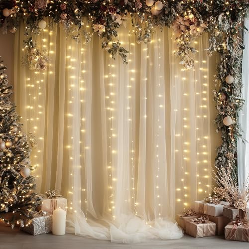 Xiomot Tulle Backdrop Curtain with Lights String 10FT X 8FT Champagne Sheer Tulle Backdrop Curtains for Wedding Birthday P...
