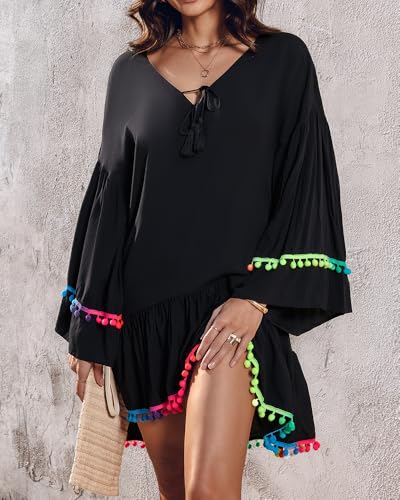 Womens Boho V Neck Chiffon Tassel Dress Flowy Bell Sleeve Loose Beach Cover Up Vacation Festival Summer Outfit