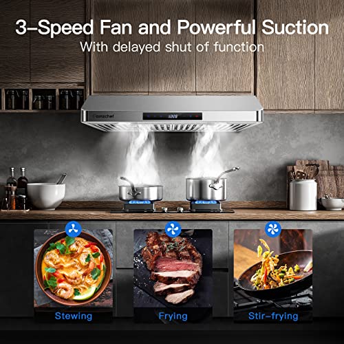 AMZCHEF Under Cabinet Range Hood 30 Inch, 750CFM Stainless Steel Kitchen Stove Vent Hood 3 Speed Exhaust Fan Touch/Remote/...