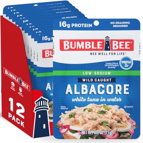 Bumble Bee Low Sodium Chunk White Albacore Tuna in Water, 2.5 oz Pouches (Pack of 12) - Ready to Eat Wild Caught Tuna Pack...