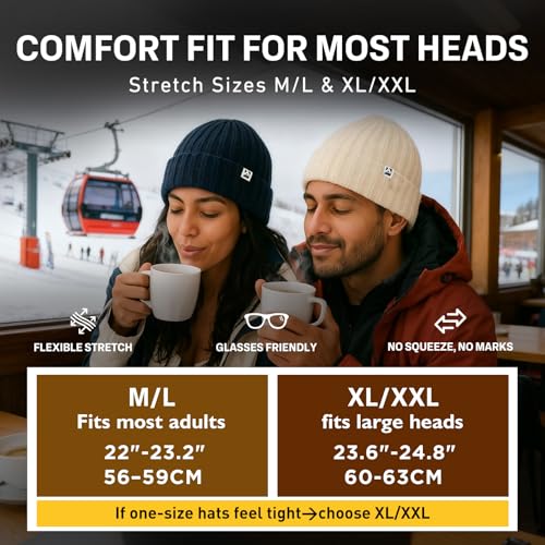PolarWool™ 100% Merino Wool Polartec® Fleece Lined L/XL/XXL Unisex Warm Windproof Beanie Watch Cap Knit Winter Hat Outdoor