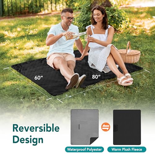 SUN CUBE Large Waterproof Camping Blanket, Fleece Quilted Stadium Blanket for Cold Weather, Windproof Foldable Outdoor Bla...