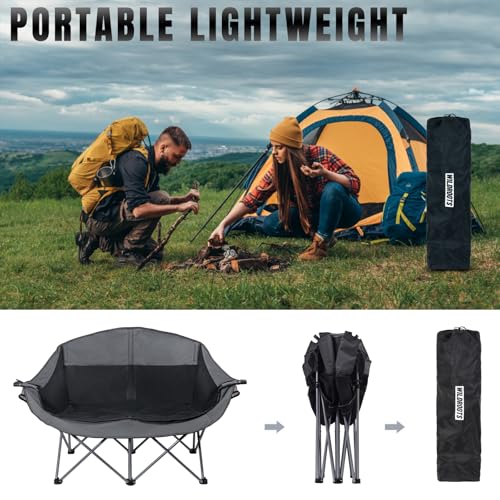 WILDROOTS Outdoor Folding Double Camping Chair Adults 2 Person,Heavy Duty 600 LBS Loveseat with 2 Cup Holder,Portable Carr...