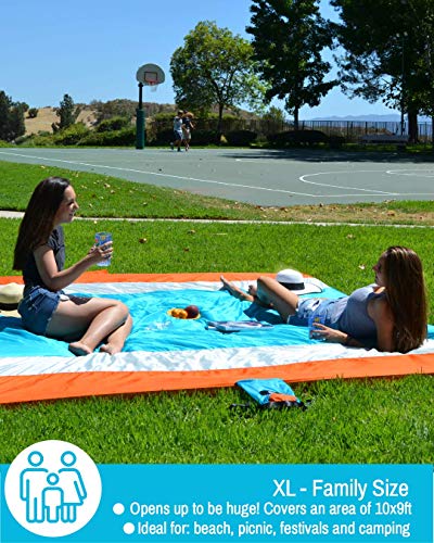 ECCOSOPHY Sandproof Beach Blanket - Oversized Sand Free Beach Mat 9'x10' - Lightweight Outdoor Picnic Blanket Anchored wit...