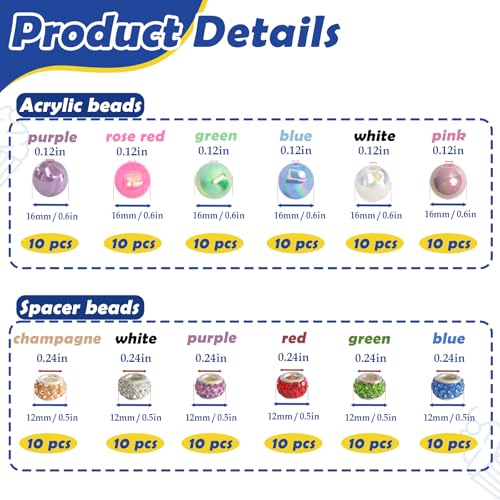 LEIOSAGN 180pcs Silver DIY Beadable Keychains Making Kit with 120pcs 16mm Acrylic Beads and Spacer Beads, 20 Blank Beadabl...