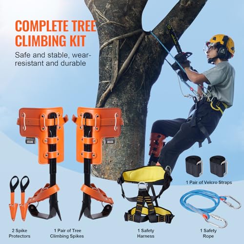 VEVOR Tree Climbing Spikes Set, 1 Pair Height-Adjustable Climbing Spurs with Security Harness and Utility Rope, 350lbs Loa...