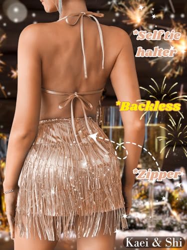Kaei&Shi Sequin Fringe Romper,Sparkly Glitter Metallic Jumpsuits For Women,Backless Shorts Dress Disco Birthday Dance Outfit