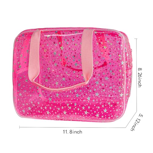 TotePrint Hot Pink Star Large Cosmetic Bag 12x5x8 inch Travel Pouch with Handle,Durable PVC Material,Zipper Design-Ideal f...