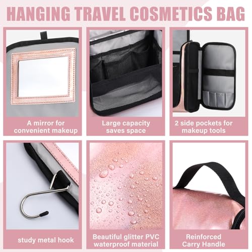 GlikCeil Dance Hanging Makeup Bag with Mirror Travel Toiletry Bag with Hanging Hook Cosmetics Organizer for Women Glitter ...