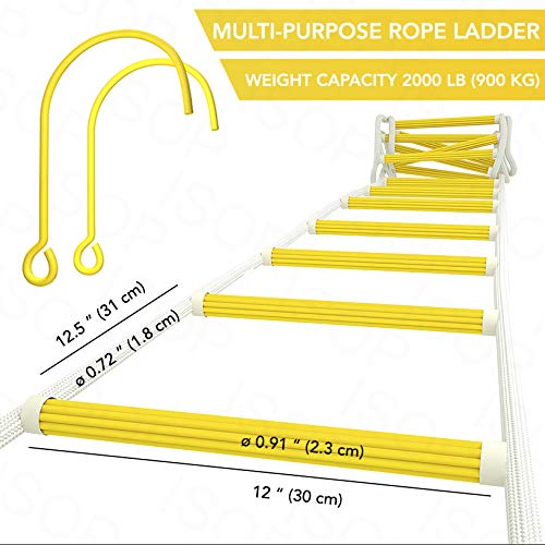 ISOP Fire Escape Ladder for Third Story Windows 25ft (8m) - Flame Resistant Rescue Rope Ladder with Hooks - Weight Capacity up to 1500 Pounds / 3-Story Escape Ladders for Homes - Hook Ladders