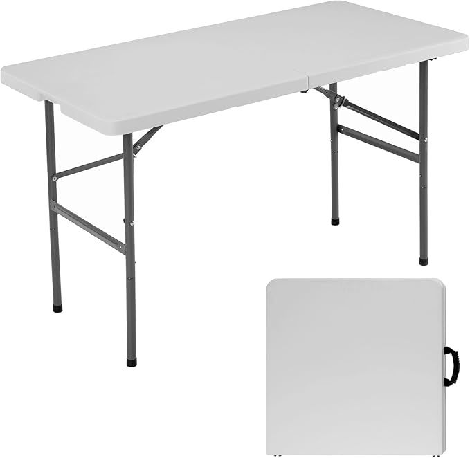4 FT Foldable Table with Built in Handle & Steel Legs, Heavy Duty Portable Table, Folding Table Outdoor Indoor with Carryi...