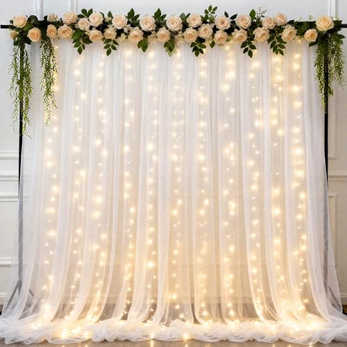 Ledido 2 Pack 10×8ft White Tulle Backdrop Curtains with Lights String - 600LED Fairy Lights Sheer Curtain Backdrop for Wed...