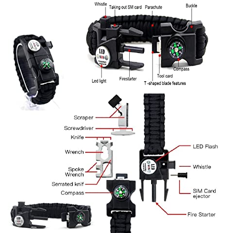 Galaxy 21 in 1 Survival Bracelet, Paracord Emergency Outdoor Sports Wristband Kit Waterproof Compass, SOS LED Light, Therm...