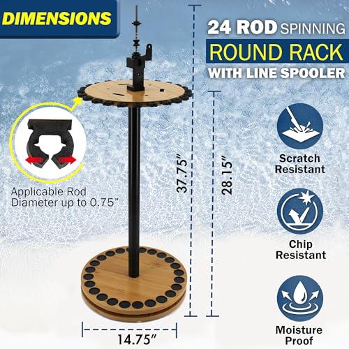 Rush Creek Creations 24-Rod Round Spinning Fishing Pole Holder with Built-in Line Spooler, 360° Access Fishing Rod Holder ...