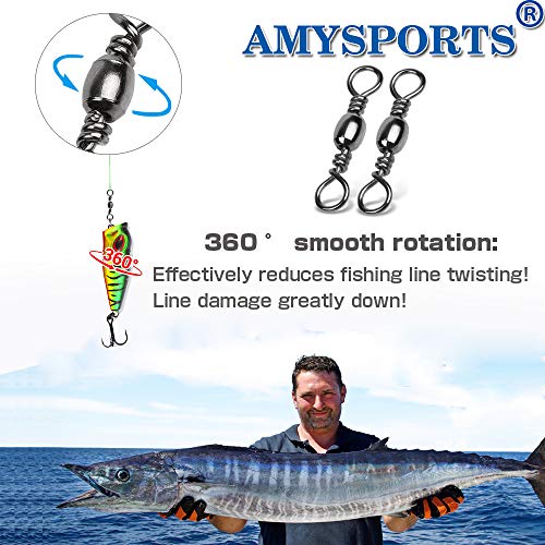 AMYSPORTS High Strength Fishing Swivels Barrel Solid Ring Barrel Fishing Swivel Rolling Fishing Tackle Line Connector Salt...