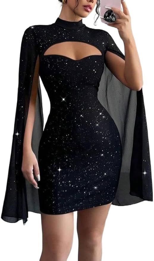 IQLWI Women's Sequin Cloak Sleeve Dress Mock Neck Cocktail Long Flowy Sleeves for Going Out Fromal Prom Party