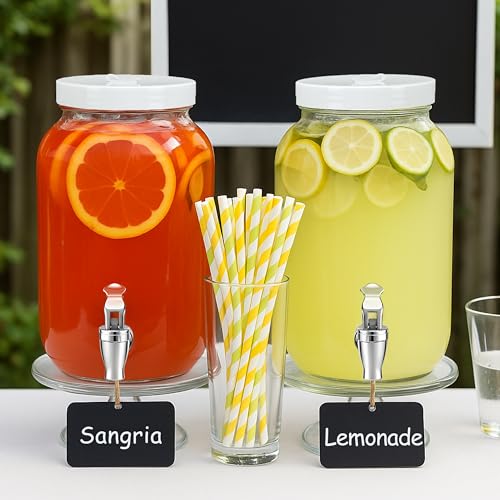 1 Gallon Large Glass Drink Dispensers for Parties, Glass Iced Beverage Dispensers with Spigot, Reusable Water Dispenser Co...