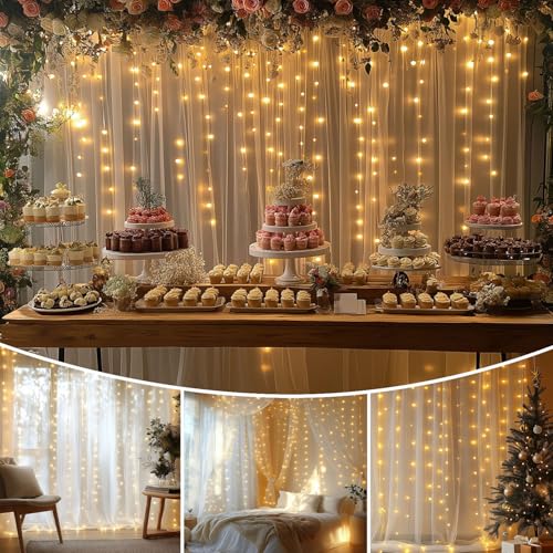 EMHOLDBU 10x10ft White Tulle Backdrop Curtain with Lights String Sheer Drapes for Wedding, Birthday, Baby Shower, Bridal S...