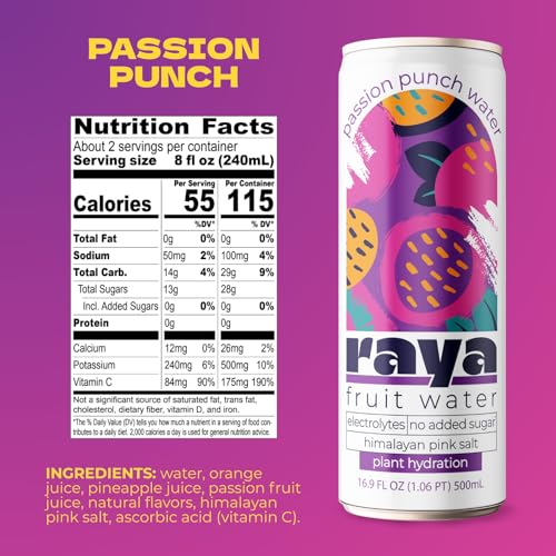 Raya Fruit Water, Passion Fruit Punch, 16.9 fl oz (12-Pack) – 46% Juice, No Added Sugar, Rich in Vitamin C & Electrolytes,...