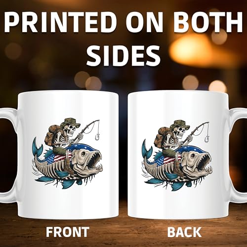Skull Riding Fish Mug - 11 Ounce Coffee Mug - Camping - Premium Quality Ceramic Mug -Design Printed On Both Sides - Made i...