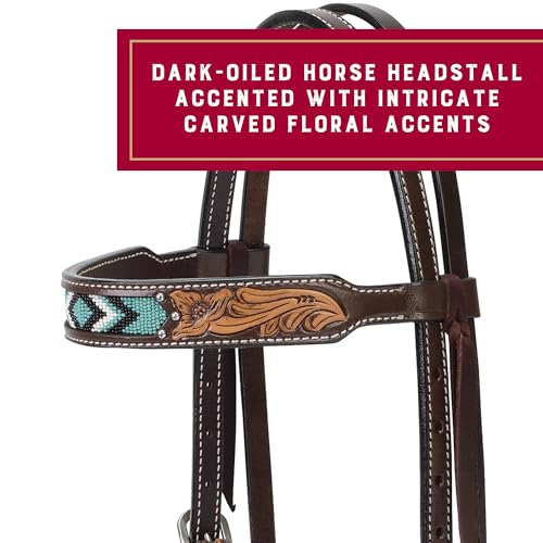 Weaver Leather Turquoise Diamond Beaded Horse Headstall, Leather Headstalls for Horses for Trail Riding, Durable Equine Supplies, Dark Oil