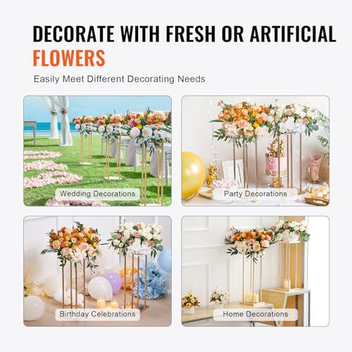 VEVOR 4PCS Gold Metal Column Wedding Flower Stand, 23.6inch /60cm High with Metal Laminate, Vase Geometric Centerpiece Sta...