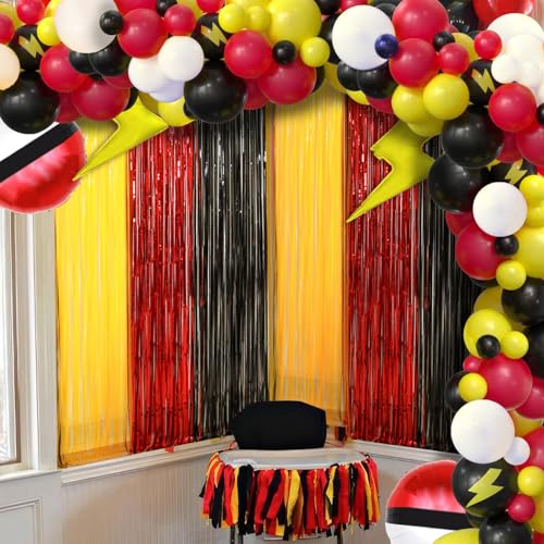Cartoon Monster Birthday Party Decoration, 4 Pack Animation Themed Photo Booth Prop, Red Black Yellow Foil Fringe Curtains...