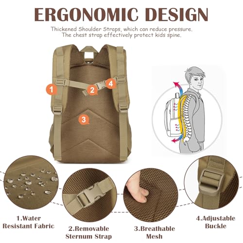 SunForMorning Kids Tactical Backpack Army Molle Bookbag Military Boys Backpack for School, Outdoor, Camping, Brown