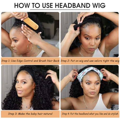 Headband Wig Human Hair Curly Wigs for Black Women 22 inch Wigs Human Hair Glueless Wear and Go None Lace Front Wig Headband Wigs Machine Made 180% Density Natural Color