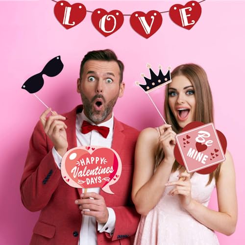 38pcs Valentines Day Party Photo Booth Props, Selfie Frame with Valentines Day Party Photo Props Backdrop Decorations Supp...
