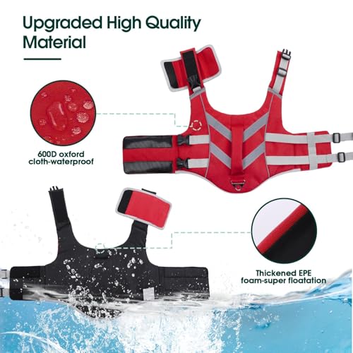 Kuoser Dog Life Jacket with Reflective Stripes - Adjustable High Visibility Vest, Ripstop Lifesaver, Pet Preserver with Hi...