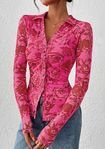 PRETTYGARDEN Women Button Down Floral Shirts 2026 Fall Trendy Long Sleeve V Neck Mesh Boho Blouse Spring Tops Date Outfits