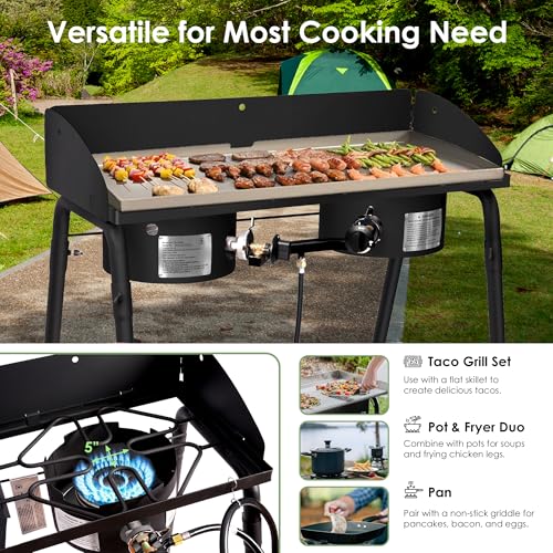 Red Mountain Valley Two Burner Outdoor Portable Camping Gas Stove with Removable Legs, Carrying Bag and Windshield, Campin...