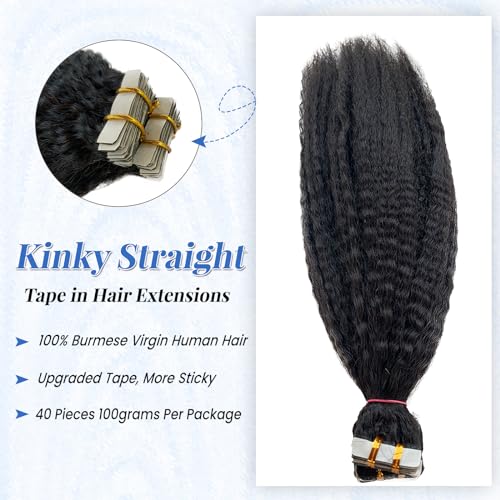 Black Tape in Extensions Real Human Hair 24 Inch Kinky Straight Tape in Hair Extensions Human Hair Black Women 40PCS 100G Invisible Natural Black Kinky Straight Human Hair Tape ins