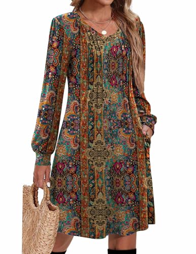 Zeagoo Fall Dresses for Women Long Sleeve Casual Pleated V Neck Dress 2025 A Line Tunic Dress
