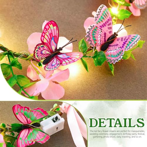 DRESBE Light Up Butterfly Flower Crown LED Floral Headband Glow Fairy Hair Accessories for Women (Pink)