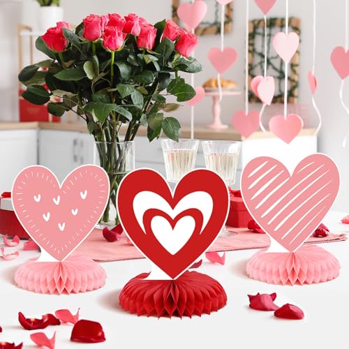 9Pcs Valentine's Day Honeycomb Centerpieces 3D Conversation Heart Tabletop Decorations Red Pink Love Table Topper Centerpi...