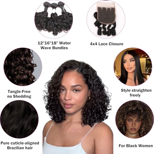 12A Real Brazilian Curly Human Hair Bundles 3 Pcs 12 Inch Bundle with 4x4 Lace Closure 100% Unprocessed Brazilian Virgin Human Hair Vogue Curly Extensions for Black Women Natural Color