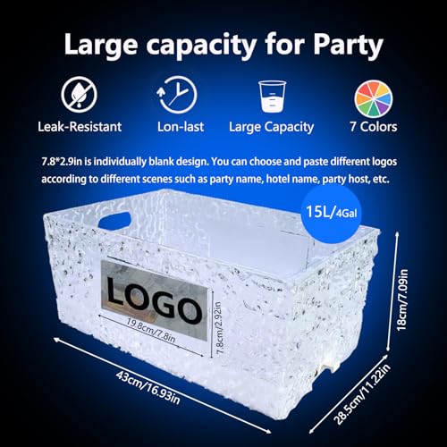 Plastic Colorful Ice Bucket for Parties,15Liter/4 Gallon Big LED Light Beverage Tub,Ice Bucket for Champagne/Beer/Drink/Wi...